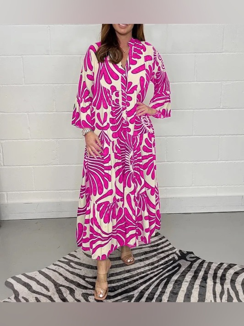 Women’s Pink & Cream Printed Maxi Dress - Elegant V-Neck